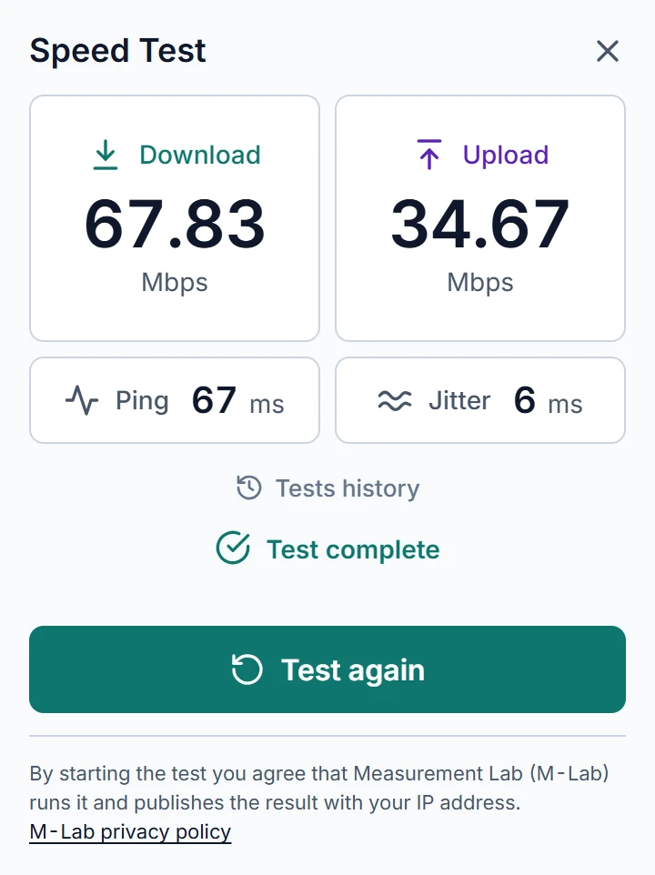 Speed Test result: download 67.83 Mbps, upload 34.67 Mbps, ping 67 ms, jitter 6 ms